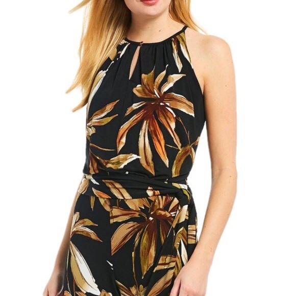 T Tahari Floral Print Halter Neck Jumpsuit Keyhole Back Wide Pant Leg
